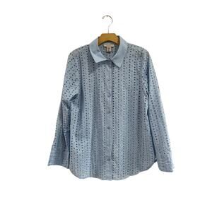 Martha Stewart Eyelet Cotton Button Down Shirt Blue‎ Sz M Classic Preppy
